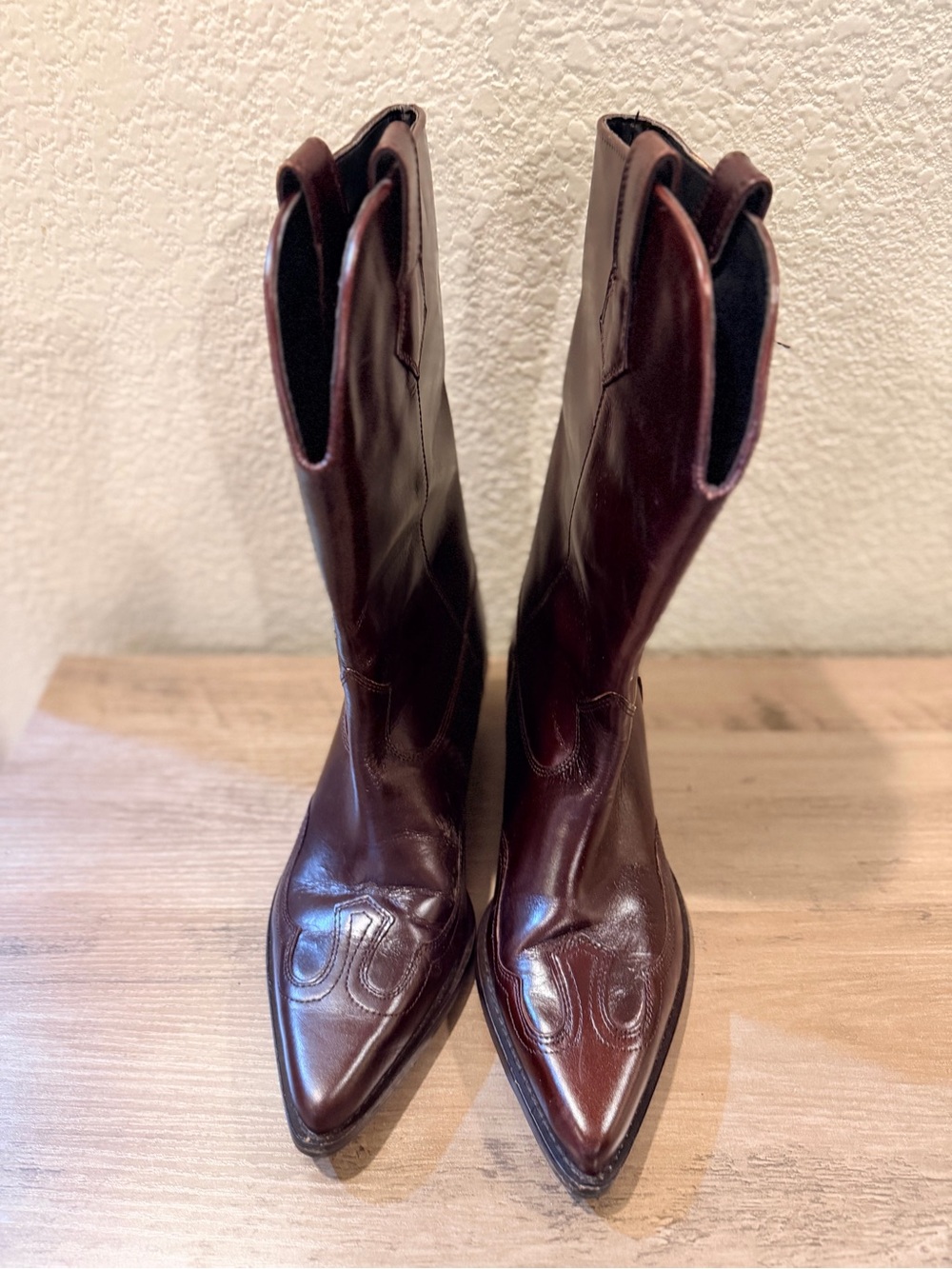 Zara Burgundy Red Leather Western Boots Size 37 - Picture 3 of 16